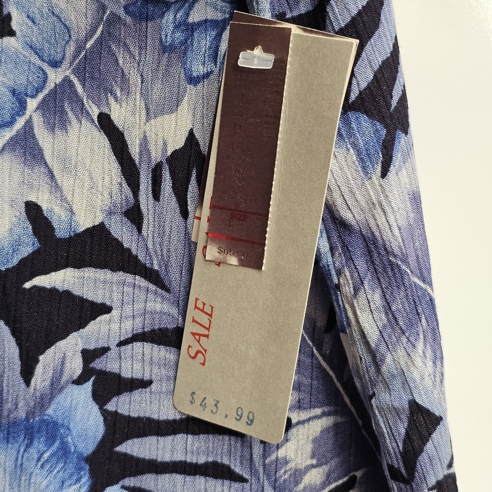 Vintage Blue and White Tropical Leaf Floral Button Up Blouse Semisheer XL NOS - Picture 6 of 12